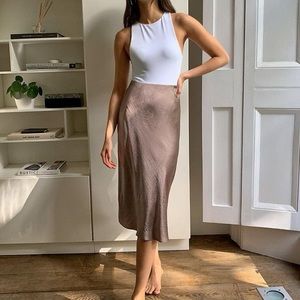 BABATON (Aritzia) Midi Slip Satin Skirt Taupe